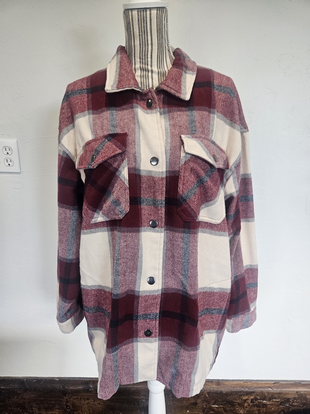 Women's Burgundy Plaid Button-Up Shacket